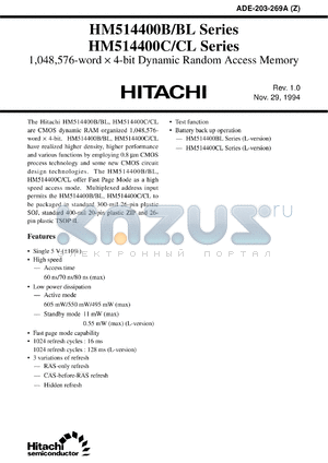 HM514400BS-8 datasheet - 1,048,576-word x 4-bit dynamic random access memory, 80ns