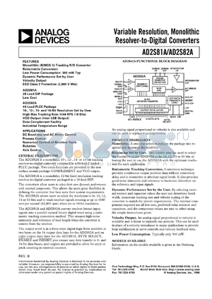 AD2S81ALP datasheet - 14V; 300mW; variable resolution, monolithic resolver-to-digital converter. For DC brushless and AC motor control, process control