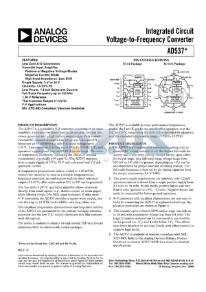 AD537BD datasheet - InputV:0-4V; 500mW; integrated circuit voltage-to-frequency converter