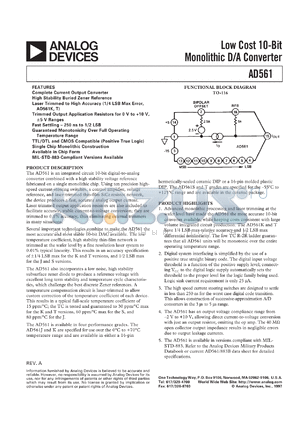 AD561/883B datasheet - Low cost, 10-bit monolithic D/A converter