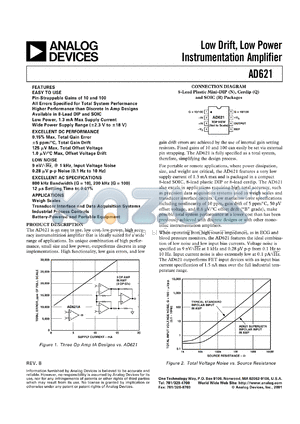 AD621AR datasheet - +-18V; 650mW; low drift, low power instrumentation amplifier. For weigh scales, transduver interface and data acquisition systems