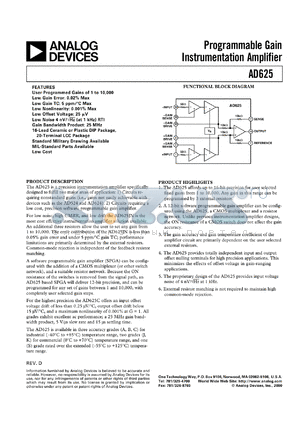 AD625SD/883B datasheet - +-18V; 450mW; programmable gain instrumentation amplifier