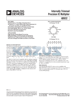 AD632SD/883B datasheet - +-8 - +-18V; 4-6mW; internally trimmed precision IC multiplier. For high guality analog signal processing