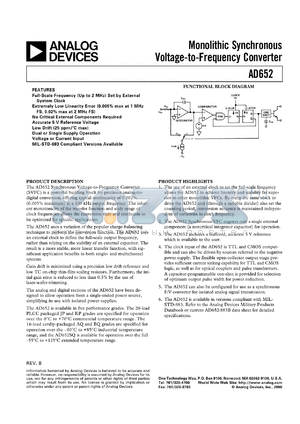 AD652SQ datasheet - 36V; 50mA; monolithic synchronous voltage-to-frequency converter
