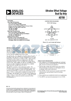AD708J datasheet - +-22V; 650mW; ultra low offset voltage dual Op Amp