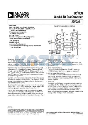 AD7226TE datasheet - -0.3, +17V; 500mW; LC2MOS quad 8-bit D/A converter. For process contol, automatic test equipment and calibration of large system parameters
