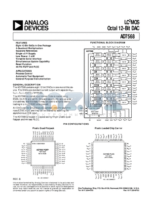 AD7568BS datasheet - -0.3 to +6V; 250mW; LC2MOS octal 12-bit DAC. For process control, automatic test equipment, general purpose instrumentation