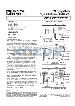 AD7777AS datasheet - -0.3 to +7V; 875mW; LC2MOS, high speed X-channel 10-bit ADC. For HDD servos, instrumentation