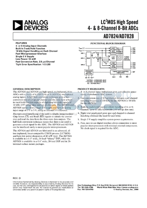 AD7828TE datasheet - 0-7V; 450mW; LC2MOS high speed, uP-compatible 8-bit ADC