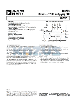 AD7845SE/883B datasheet - 0.3-17V; 650mW; LC2MOS complete 12-bit multiplying DAC. For automatic test equipment, digital attenuators, programmable power supplies