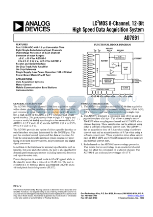 AD7891SS-2 datasheet - 0.3-7V; 450mW; LC2MOS 8-channel, 12-bit high speed, data acquisition system. For data acquisition systems, motor control, mobile communication base stations, instrumenatation