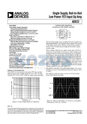 AD822ARM datasheet - 18V; single supply, rail to rail low power FET-input Op Amp. For battery-powered precision instrumentation, photodiode preamps, active filters, 12/14-bit data acquisition systems