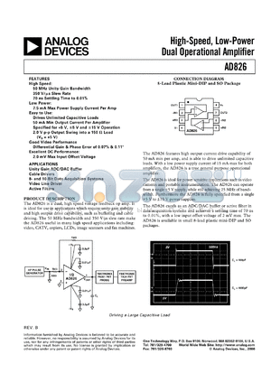 AD826AR datasheet - 18V; high-speed, low-powered dual operational amplifier. For unity gain ADC/DAC buffer, cable drivers
