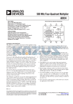 AD834SCHIPS datasheet - 18V; 500mW; 500MHz 4-quadrant multiplier. For  high-speed real time computation