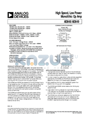 AD848JR datasheet - 18V; 1.1W; high speed, low powered monolithic Op Amp. For cable drivers, 8 and 10-bit data acquisition systems, video and R amplification, signal generators