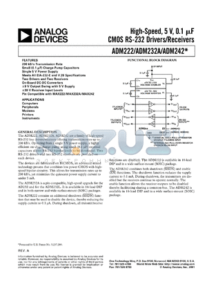 ADM222AARW datasheet - Nominal:5V; high-speed; 400mW; CMOS RS-232 driver/receiver. For computers, peripherals, modems, printers, instruments