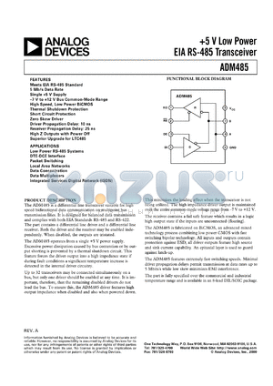 ADM485AQ datasheet - Nominal:+5V; 450-500mW; EIA RS-485 transceiver. For low power RS-485 systems, DTE-DCE interface, packet switching, local area networks, data concentration