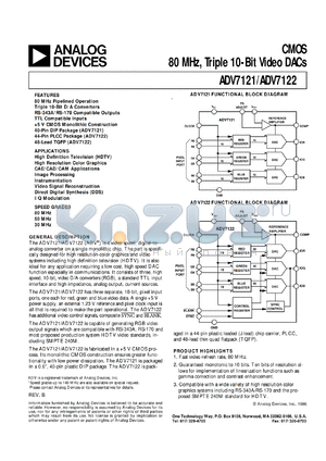 ADV7121KP50 datasheet - +7V; CMOS 30MHz, triple 10-bit video DAC. For high resolution color graphics, CAE/CAD/CAM applications, image processing, instrumentation, video signal reconstruction
