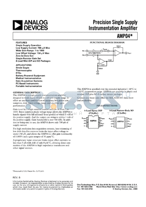 AMP04EF datasheet - +-18V; precision, single supple instrumentation amplifier. For strain gages, thermocouples, RSDs, battery-powered equipment, medical instrumentation