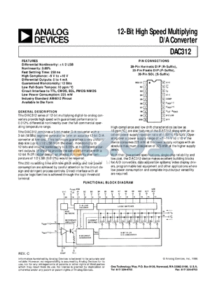 DAC312FR/883 datasheet - +-18V; input current: 1.25mA; 1000mW; 12-bit high speed multiplying D/A converter