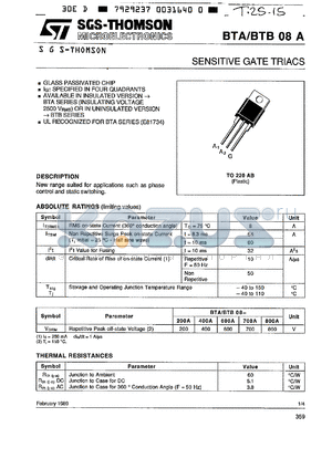 BTA08-600A datasheet - Sensitive gate  triac, 8A, 600V