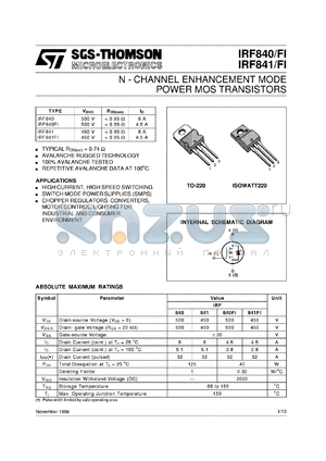 IRF840F1 datasheet - N-channel HEXFET, 500V, 4.5A