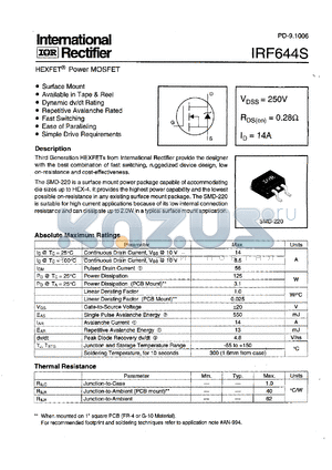 IRF644STRL datasheet - N-channel power MOSFET, 250V, 14A