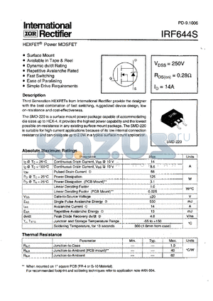 IRF644STRR datasheet - N-channel power MOSFET, 250V, 14A