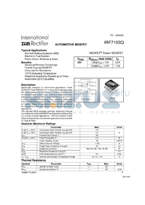 IRF7103QTR datasheet - N-channel power MOSFET for anti-lock braking systems applications, 50V, 3A