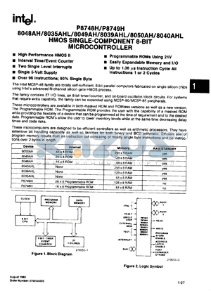 P7848H datasheet - HMOS single-component 8-bit microcontroller, programmable ROM = 1K x 8, 64 x 8 data memory