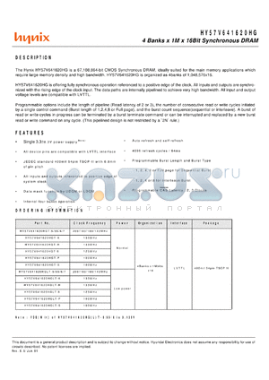 HY57V641620HGLT-S datasheet - 4 banks x 1M x 16Bit synchronous DRAM, 3.3V, LVTTL, low power, 100 MHz