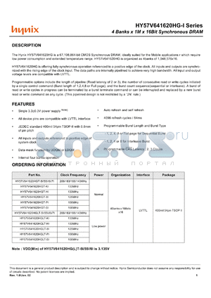 HY57V641620HGLT-6I datasheet - 4 banks x 1M x 16Bit synchronous DRAM, 3.3V, LVTTL, low power, 166 MHz