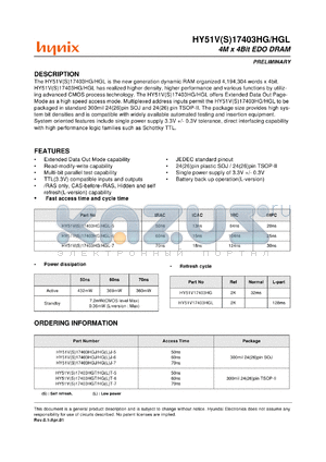 HY51VS17403HGLJ-7 datasheet - 4,194,304 words x 4 bit EDO RAM, 3.3V, 70ns, low power