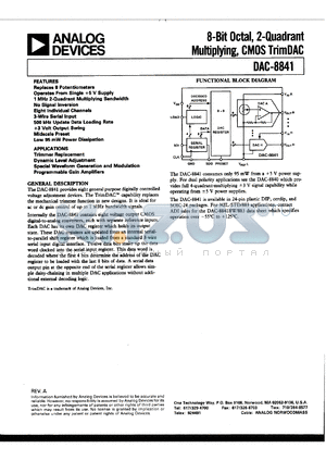 DAC8841FP datasheet - 0.3-7.0V; octal 8-bit, 2-quadrant multiplying, CMOS trimDAC. For dynamic level adjustment, trimmer replacement