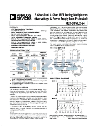 MUX08BQ datasheet - 36V; 25mA; 8-channel/dual 4-chan JFET analog multiplexer. For geometry correction in high-resolution CRT displays