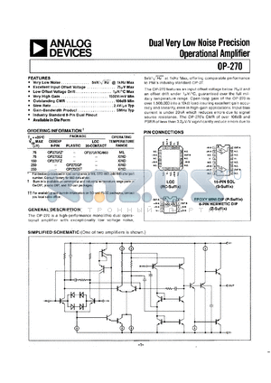 OP270ARC/883 datasheet - 18V; 25mA; dual very low-noise precision operational amplifier