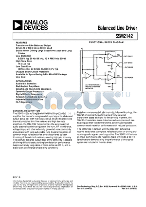 SSM2142S datasheet - 18V; balanced line driver. For audio mix consoles, distribution amplifiers