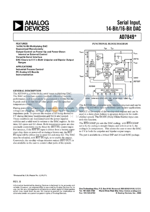 AD7849AN datasheet - 0.4-17V; 10mA; 875mA; serial input, 14/16-bit DAC. For industrial process control, PC analog I/O boards, instrumentation