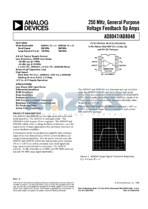 AD8047-EB datasheet - 12.6V; 0.9-1.3W; 250MHz, general purpose voltage feedback Op Amp. For low power ADC input driver, differential amplifiers, IF/RF and pulse amplifiers