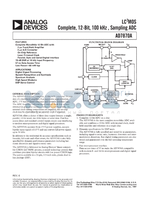 DA7870AJN datasheet - 0.3-7V; 450mW; LCMOS complete, 12-bit, 100kHz, sampling ADC. For digital signal processing, speech recognition and synthesis