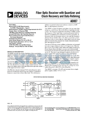 DA807A-155BR datasheet - 12V; fiber optic receiver with quantizer and clock recovery and data retiming