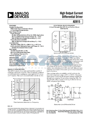 AD815AV datasheet - 18V; 20mA; high output current differential driver. For ADSL, HDLS and VDSL line interface driver, coil or transformer driver