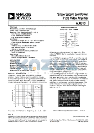 AD8013ACHIPS datasheet - 13.2V; single supply, low power triple video amplifier. For LCD displays, video line driver