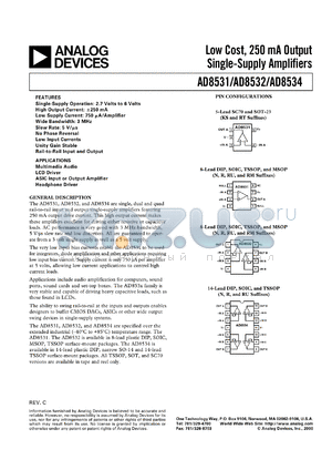 AD8531AKS datasheet - 7V; low, 250mA output single-supply amplifier. For multimedia audio, LCD driver