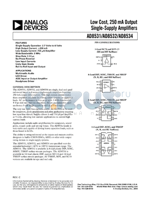 AD8534AN datasheet - 7V; low, 250mA output single-supply amplifier. For multimedia audio, LCD driver