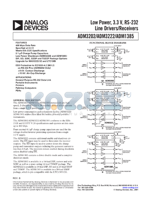 ADM3222ARU datasheet - Low power, 3.3V; 450-500mW; RS-232 line driver/receiver. For general purpose RS-232 data link, portable instruments and printers