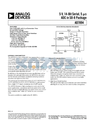 AD7894BR-2 datasheet - 5V; 450mW; 114-bit serial ADC