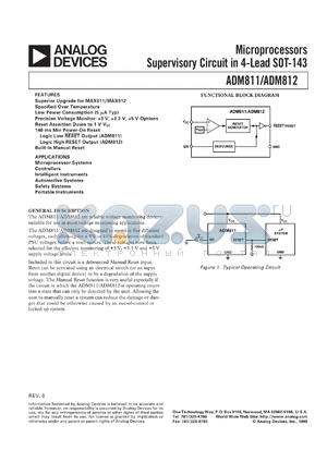 ADM811-3TART-REEL-7 datasheet - 0.3-6V; 200mW; microprocessor supervisory circuit. For microprocessor systems, controllers, intelligent instrumnets, automotive systems, safety systems, portable instruments