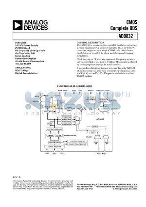 AD9832BRU datasheet - 0.3-7V; CMOS complete DDS. For DDS tuning, digital demodulation