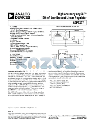 ADP3307ART-2.85 datasheet - OutputV: 2.85V; high accuracy anyCAP 100mA low dropout lionear regulator. For cellular telephones, notebook, palmtop computers, battery powered systems, PCMCIA regulator, bar code scanners, camcorders, cameras